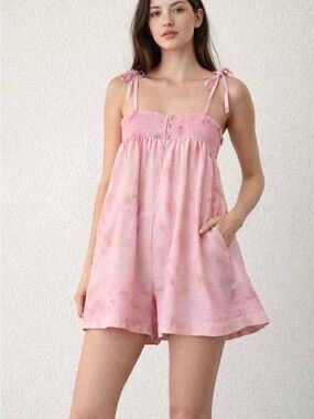 Zanni Pink Tie Strap Romper XL Smocked Flowy Summer NWT